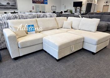 Beautiful 3-Pc Corduroy Sectional Sofa With Storage Ottoman And USB Port