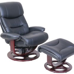 Barcalounger Chair Black Leather JAQUES lounge Chair Recliner And Ottomon. Stylish Comfort Cherry Finish Bases Great Condition