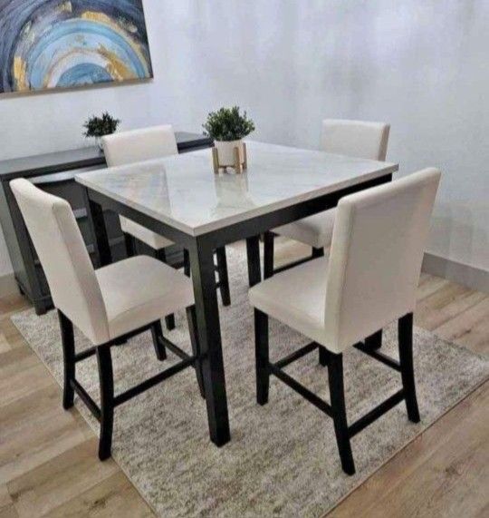 ✅️✅️5 pc dark finish wood white faux marble top square counter height dining table set. This set includes the table and 4 - side chairs padded seats✅️