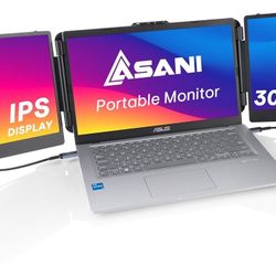 Asani 14" Portable Monitor - Full HD Tri-Screen Extender for Laptops, USB Type-C plus HDMI, Plug and Play, Compatible with 13"-17" Laptops, 1080P IPS 