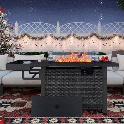 1653c  52 Inch Outdoor Fire Pit Table, 50,000 BTU Propane Fire Pits with Storage Shelf, Glass Wind Guard and Lid, Wicker Patio Gas Fire Pit for Outsid