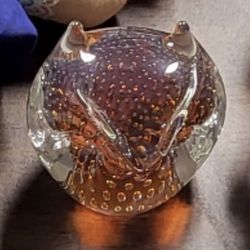Vintage Owl Orange Amber Art Glass Paperweight with Bubbles