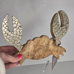 Rustic Wooden Hruska Crab Tabletop Decor Silver Scales Nautical Coastal Beach