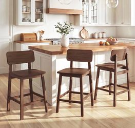 Set Of 3 LUE BONA 24 Inch Counter Height Bar Stools , Solid Wood Bar Chairs with Back and Footrest, Farmhouse Mid Century Wooden Counter Stools for Ki