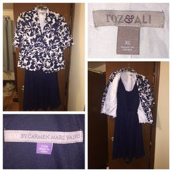 Beautiful navy blue dress with white & navy blue jacket and matching sandals