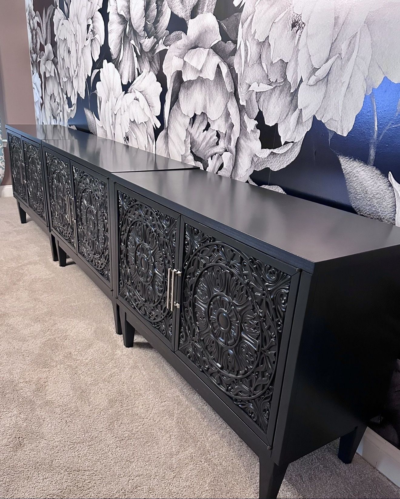 Set Of 3 Dark Navy Blue Cabinets-TV Stand-Console Cabinets