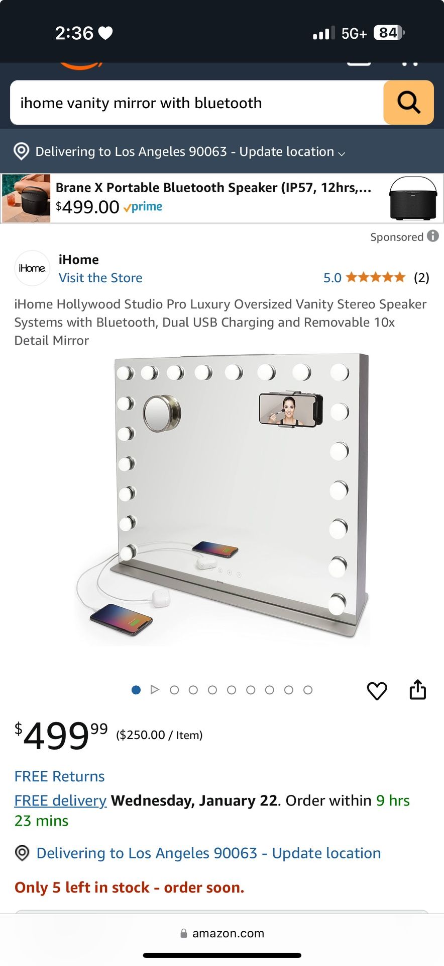 iHome Hollywood Studio Pro Luxury Oversized Vanity Stereo Speaker Systems with Bluetooth, Dual USB Charging and Removable 10x Detail Mirror