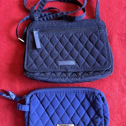 2 VERA BRADLEY PLAIN SOLID QUILTED CROSSBODY PURSE 8"L x 6"H x 2"W & MAKE UP TRAVEL BAG POUCH 7"L x 5"H