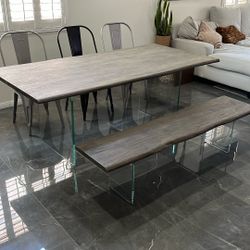 Live Edge Gray Wooden Table With Glass Base-includes 3 Industrial Chairs (gray/black)