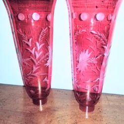 Antique Bohemian Cranberry Etched Glass Candlestick Shades