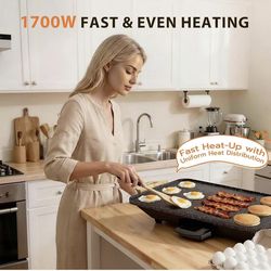 3-in-1 Electric Nonstick Griddle Grill 1800W,Teppanyaki Grill with Removable Temperature Control & Drip Tray for Pancakes Burgers Eggs,22"x 10.5"