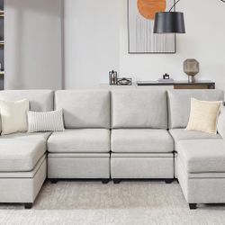 Modular Sectional Sofa with Storage, U Shaped Sectional Couch for Living Room, Convertible Modular Sofa Couch with Ottomans, 6 Seat, LightGrey