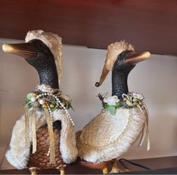 Set of 2 Christmas Duck Fabric Figurines Multicolor Painted Indoor Decor