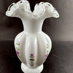 VTG Fenton Milk Glass Silver Crest “Violets In The Snow” Melon Vase  