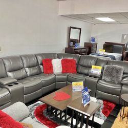 Summer clearance sale. Madrid gray leather reclining sectional only $1499. Easy finance option. Same day delivery.