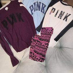 Lot of 4 Women's Pink Yoga & Pink T~Shirts & Pink Zip Hoodie Victoria's Secret Med Sm Sm Med All in LOVINGLY USED Condition Average signs of use only 