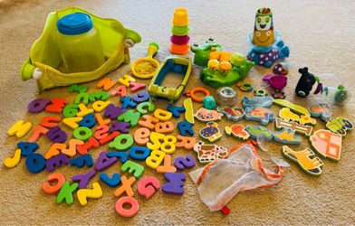 Lot Bath water swim toys, corner basket caddy bucket letters cups frog boat basketball hoop filters