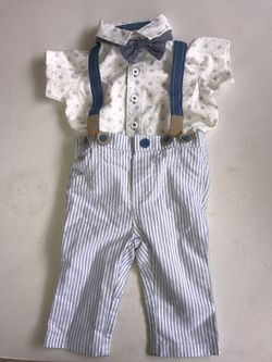 Baby dressy button up outfit with bow tie and suspender pants