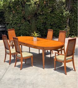 Mid Century Modern Wood Extendable Dining Set + 6 Chair + 2 Leaves