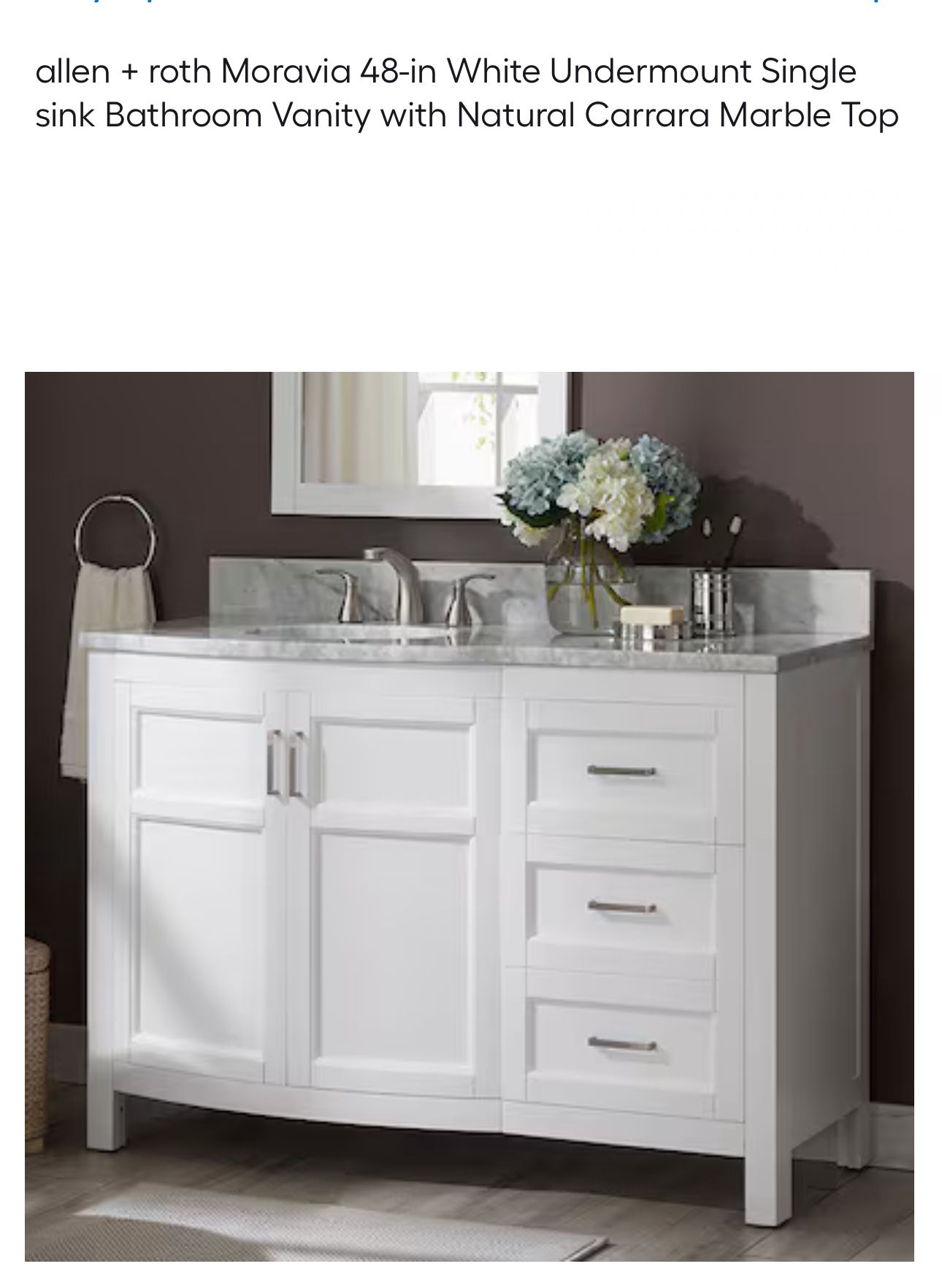 allen + roth Moravia 48-in White Undermount Single sink Bathroom Vanity with Natural Carrara Marble Top