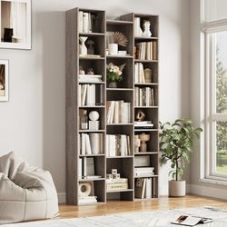 21-Cube Bookcase and Bookshelves with Adjustable Shelves, Triple Width Open CD Display Storage Rack, Oak