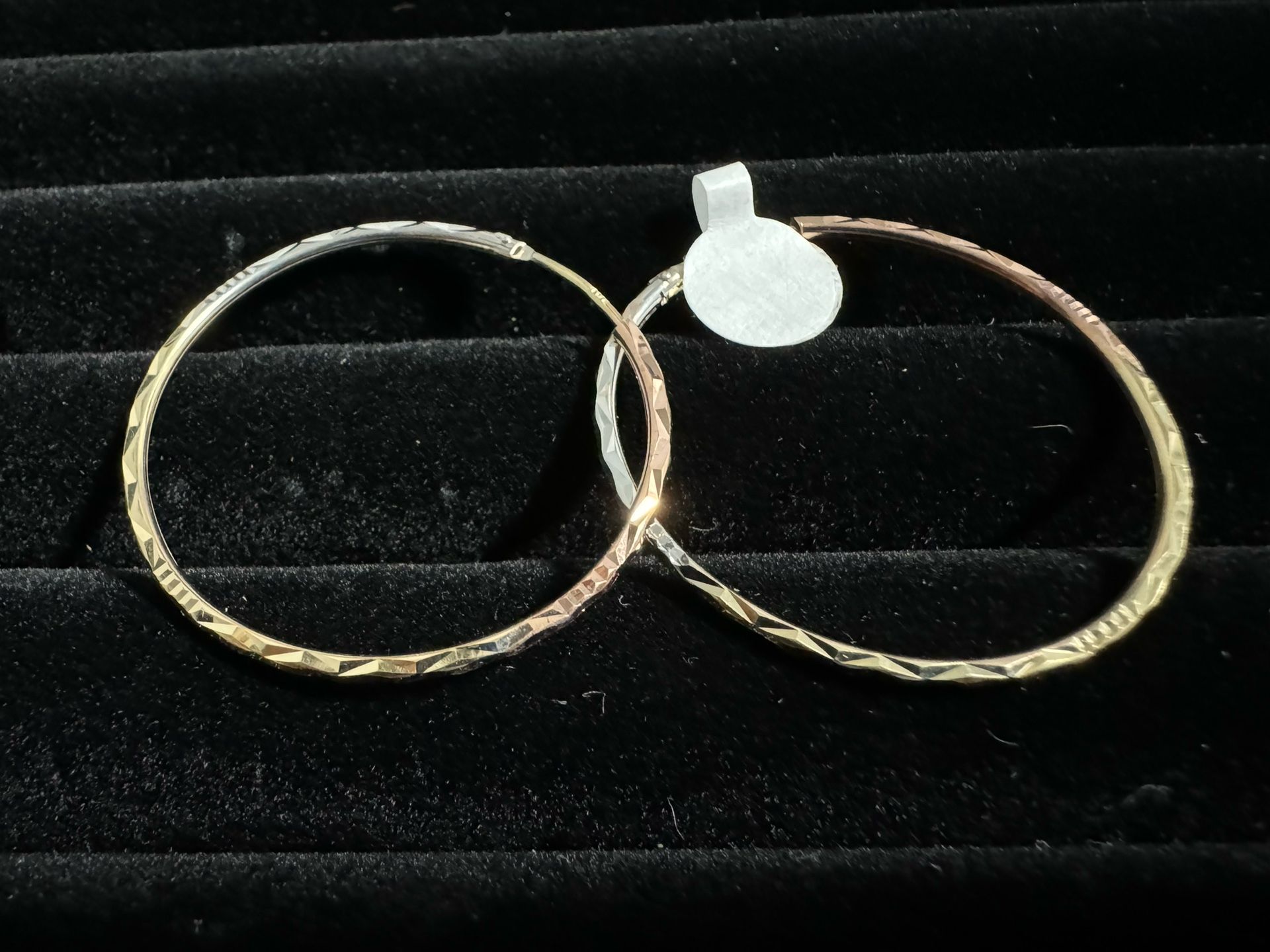 14 K Yellow Tri Color Diamond Cut Twist Hoop Earrings