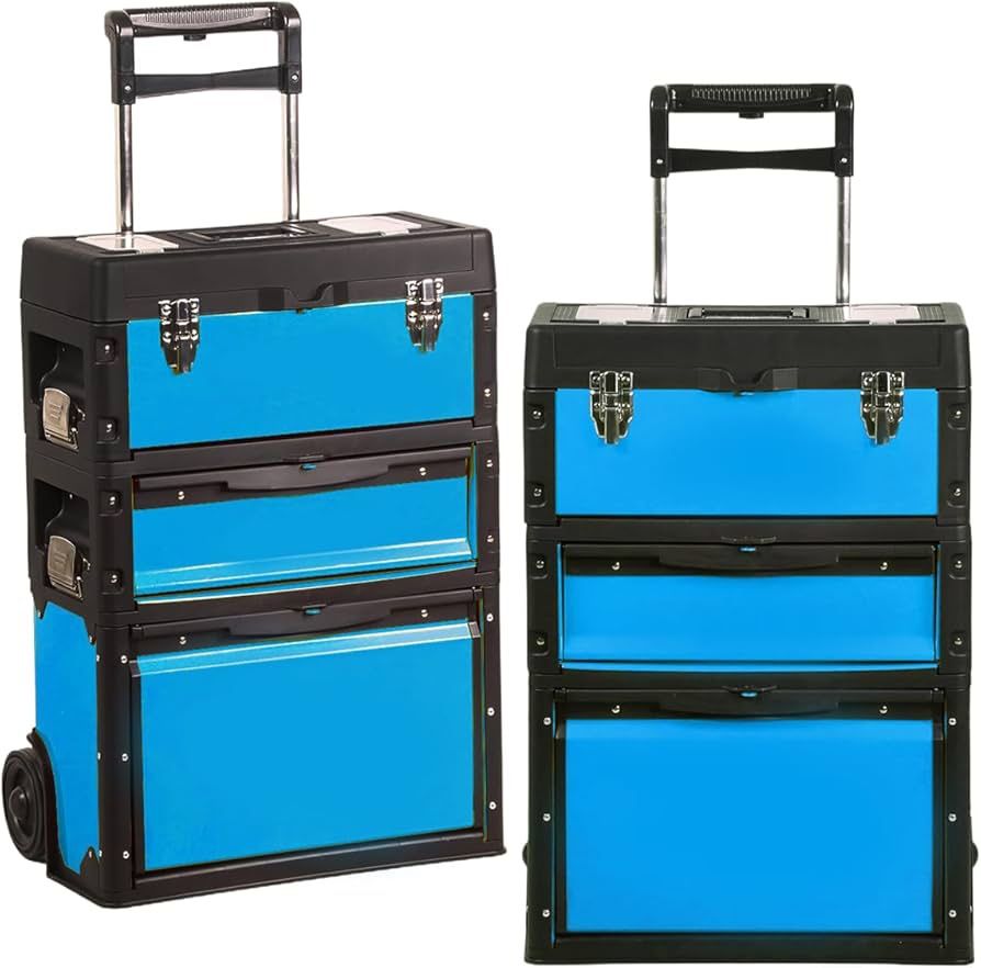 O72-Portable 3 Tiers Stackable Trolley Storage Case with Wheels for Workshop Garage, Blue