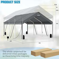 Carport Canopy 12x20FT Heavy Duty, Carport Canopy Adjustable Height, Portable Car Port Garage, Car Shelter All Weather, Grey