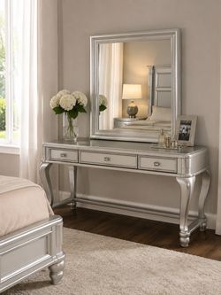 Silver Vanity Desk with Mirror