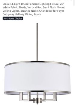 Farmhouse Modern Classic  Vintage, 20” Brushed Nickel Chandelier 4-Light, White Fabric Shade NEW  