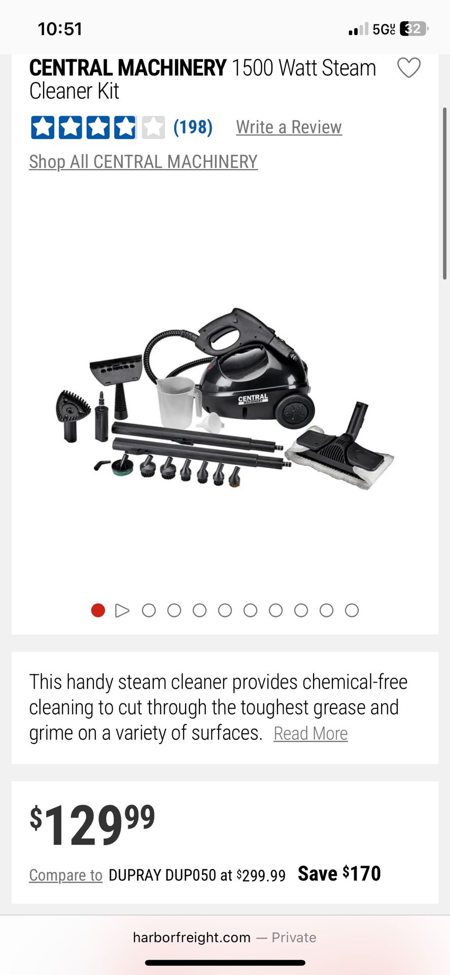 Central Machinery, 1500 Watts Steam Cleaner Kit