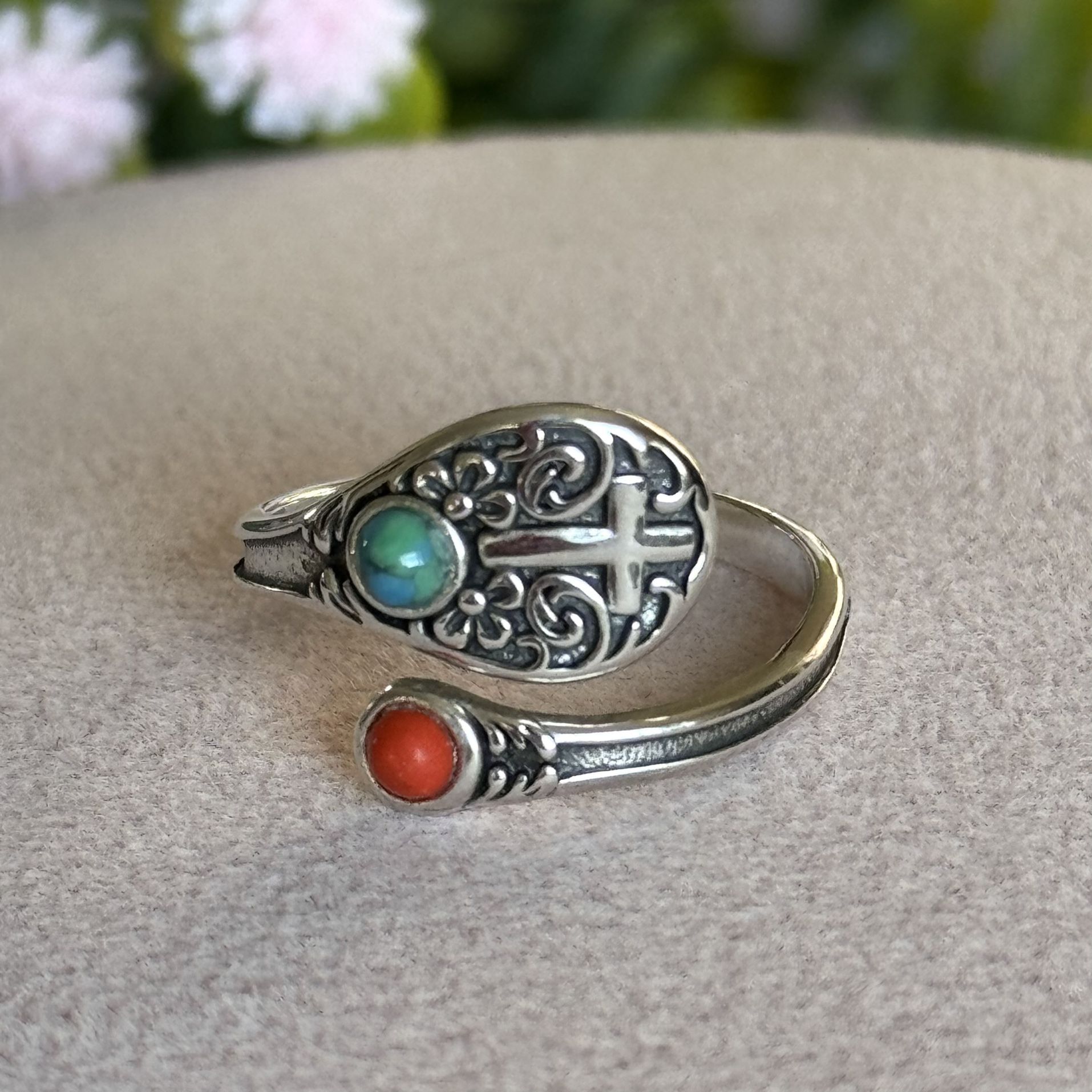 Cross coral & turquoise Ring ๐ 925 Sterling Silver size 8