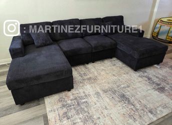 BRAND NEW BLACK CORDUROY DOUBLE CHAISE SECTIONAL SOFA COUCH