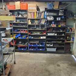 3 industrial steel shelving units with adjustable shelves