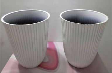 ** NEW LOW PRICE ** PAIR of 14" (Tall) White/Black Ribbed Planters (2 for $45) @ Lasting Creations