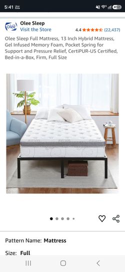 Olee sleep full mattress 13 inch hybrid  used