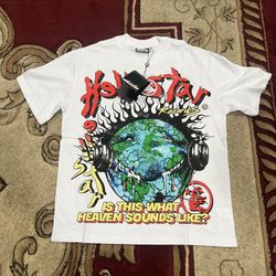 Hellstar white tee with red and yellow accents