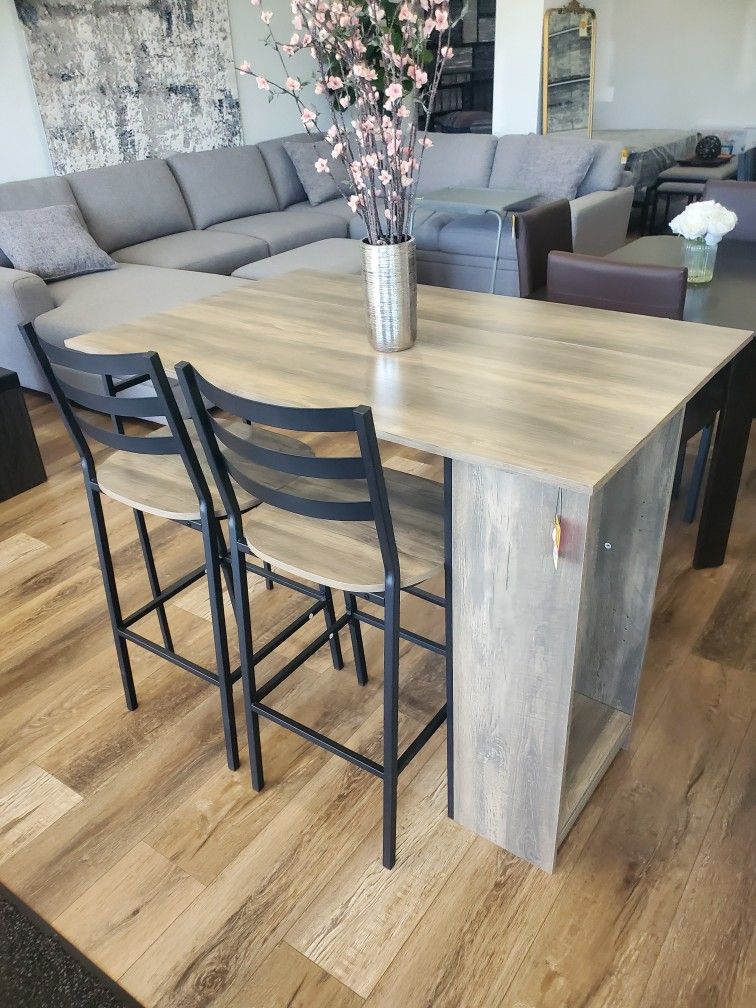 High Top 3 Piece Drop Leaf Counter Table Dining Set with Storage, Grey Wash(New In A Box)