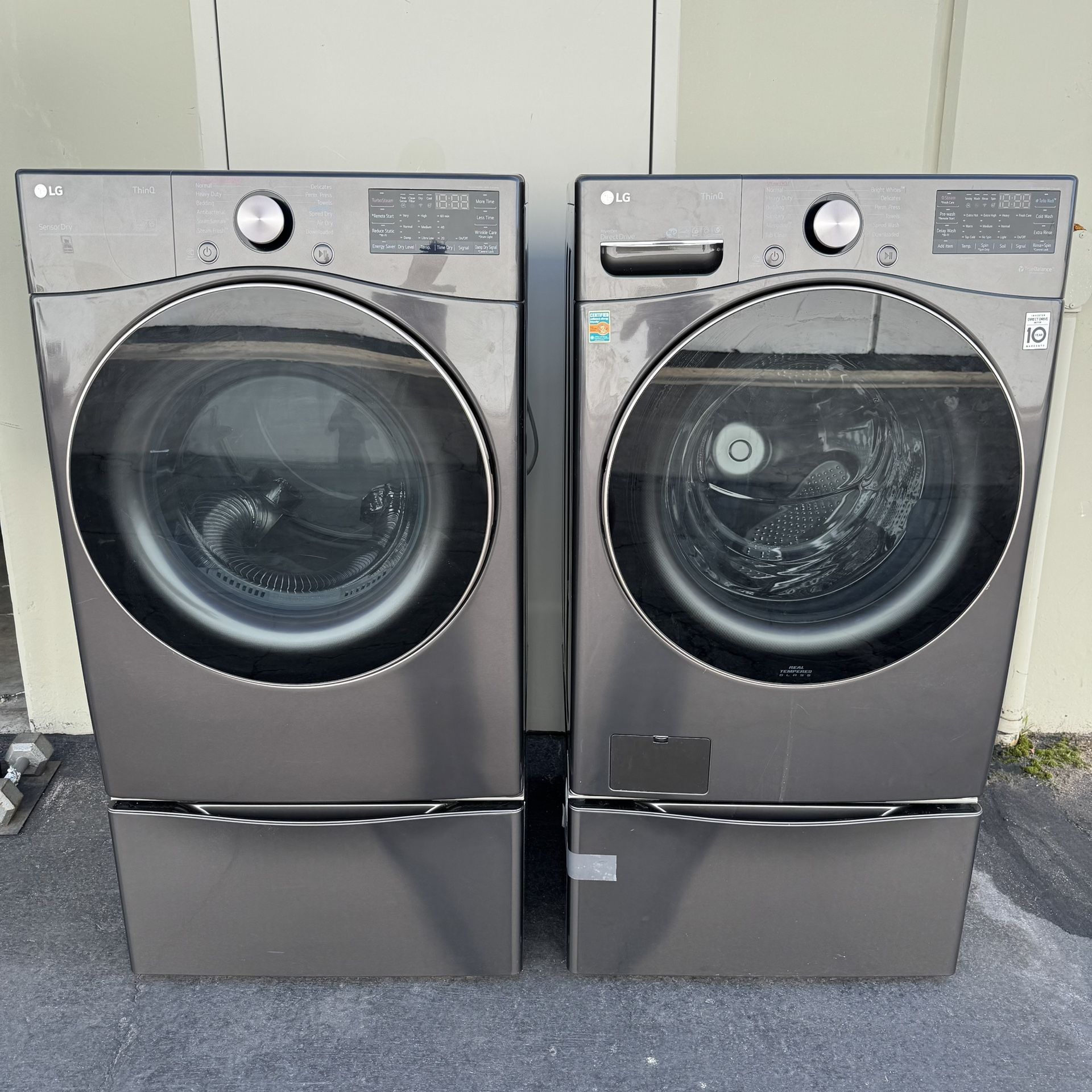 LG Black Steel Washer and Gas Dryer with Storage Drawers and Hoses Excellent Condition Like New 