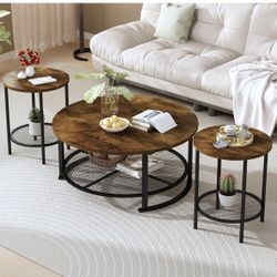 3-Piece Coffee Table and End Table Sets for Living Room, Round Coffee and End Table Set of 3 with Large Storage, Modern Farmhouse Furniture for Apartm