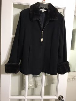 Beautiful Black Jacket Wool Fur Around Collar And Sleeves