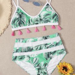 Random Tropical Tassel Decor High Waisted Bikini Swimsuit L