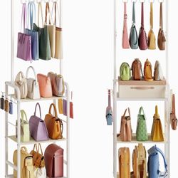 Tall Purse Organizer for Closet with 5 Purse Hanger & 6 Side Hooks, 4 Tier Floor-Standing Purse Rack Stand for Purse Storage, Narrow & High-Capacity H