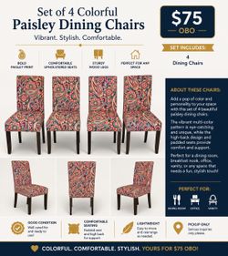 Set of 4 Colorful Paisley Dining Chairs – Modern Accent Chairs