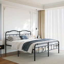 18 Inch King Size Metal Bed Frame with Headboard and Footboard Heavy Duty Platform Bed Vintage Iron Wrought Frames Steel Slats, Easy Assembly, No Box 