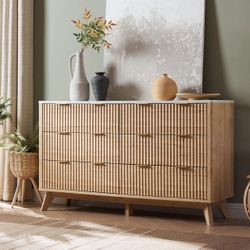 B0CN2LPS56 T4TREAM Fluted 6 drawers dresser 54” wide dresser tv stand Faux marble top natural oak 