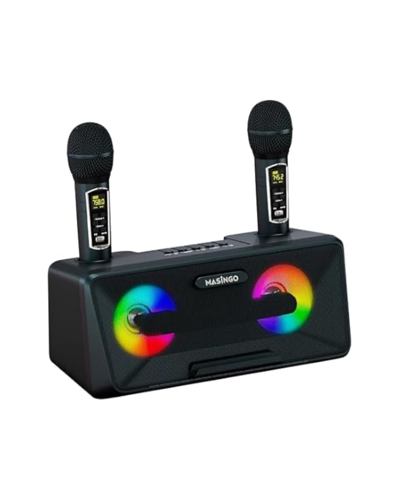 (NEW) MASINGO Karaoke Machine with 2 Wireless Microphones Portable Bluetooth Singing Speaker, Colorful LED Lights, PA System, Lyrics Display Phone Hol