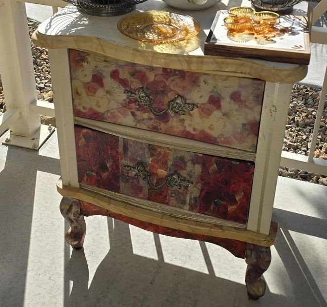 Vintage Red Roses Dresser Nightstand Table Art Deco Hollywood Regency Cottage Core