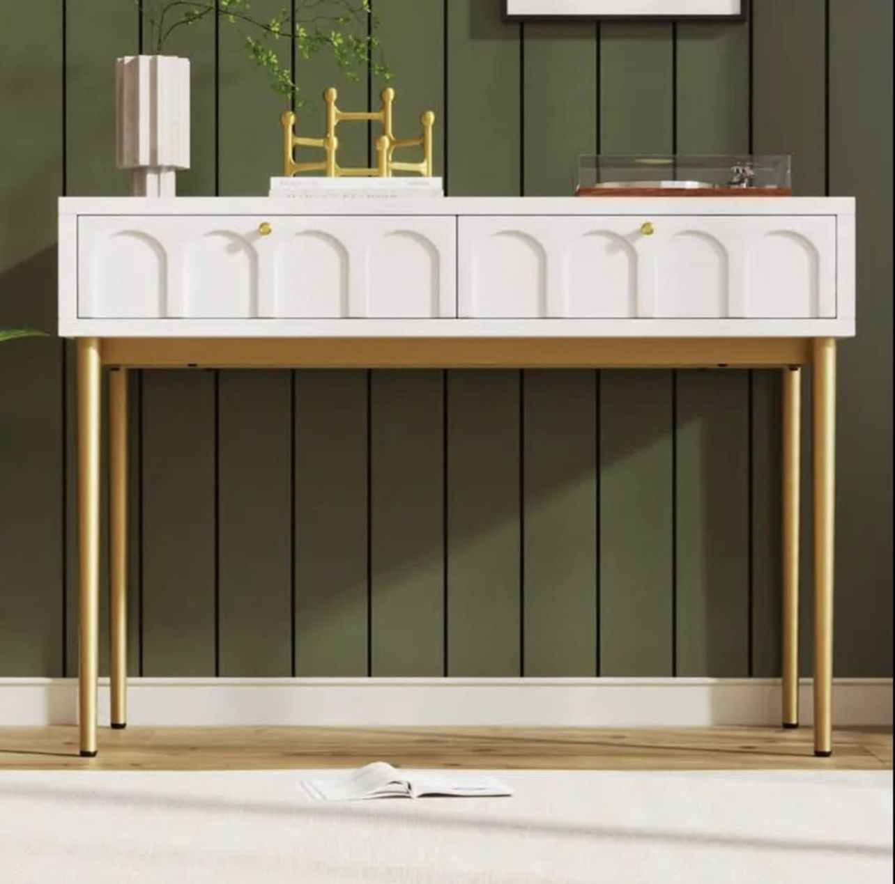 PATERSON Brand new white double drawer table with gold metal legs
