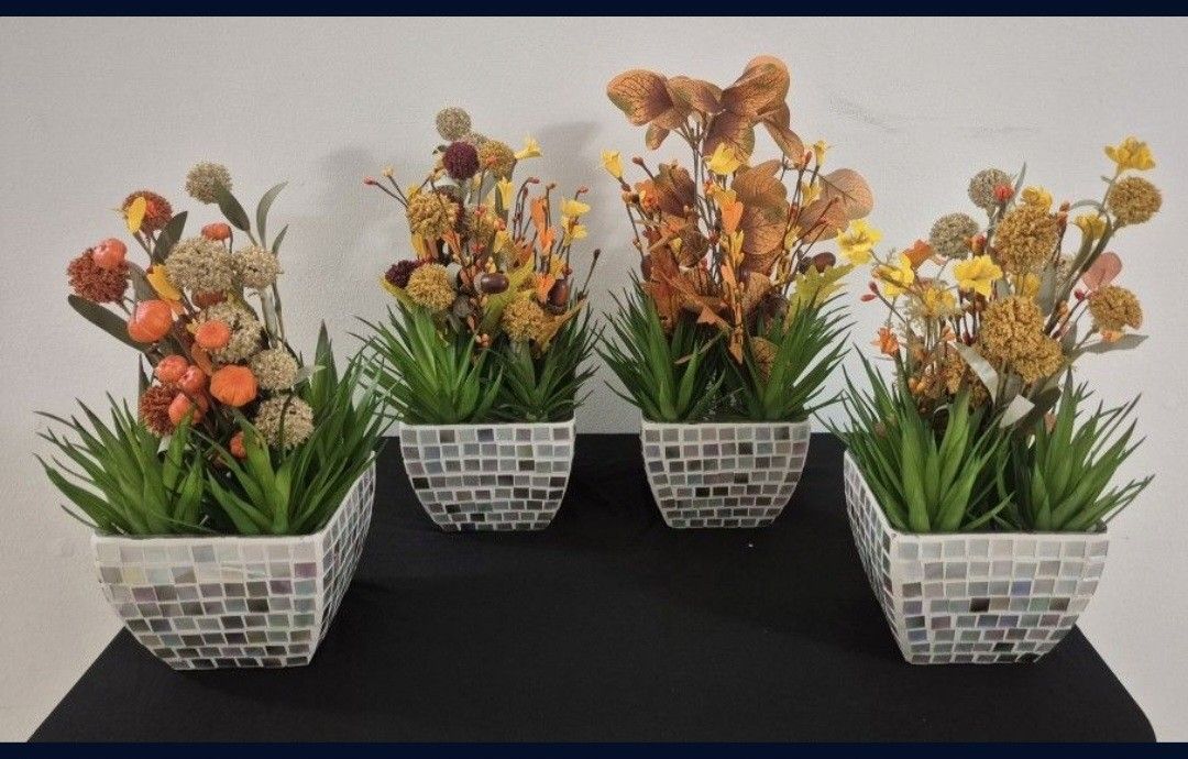 *** REDUCED *** Mosaic Glass Planters filled with Faux Autumn Flowers & Succulents in Epoxy @ Lasting Creations